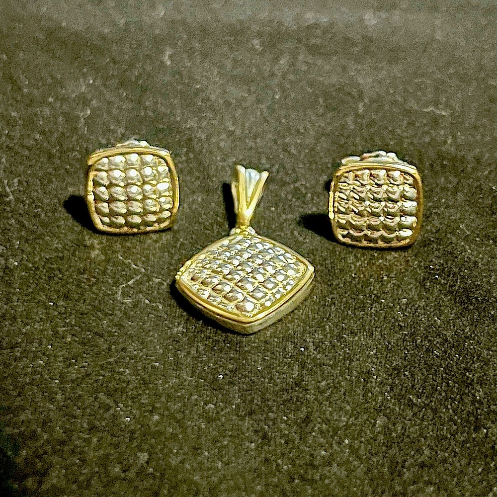 Sterling silver and 18 karat yellow gold pendant and earring set